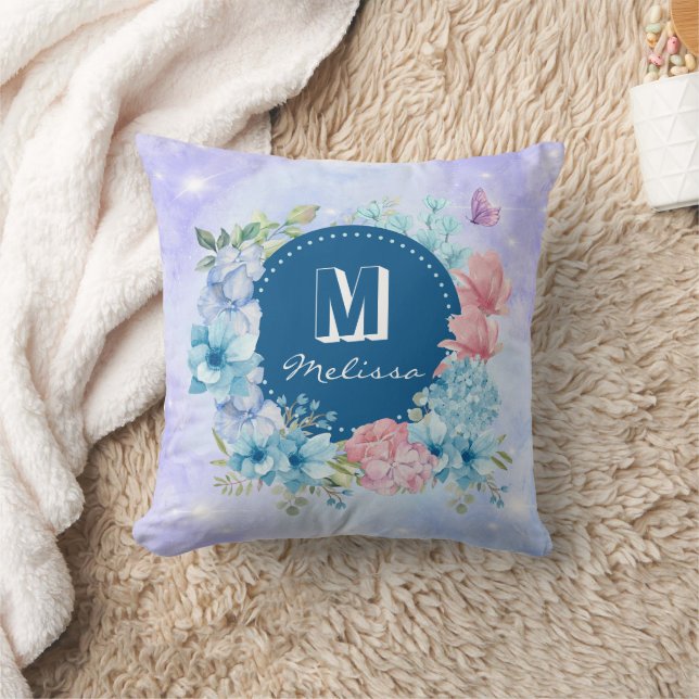 Coussin Moderne Florale Aquarelle Violet Bleu Étincelant  (Couverture)