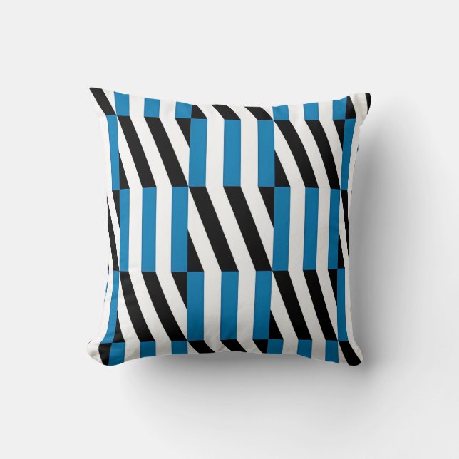 Coussin Moderne Géométrique Bleu Noir et Blanc Op Art  (Recto)