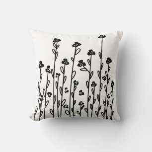 Coussin Moderne minimaliste noir blanc doodé floral