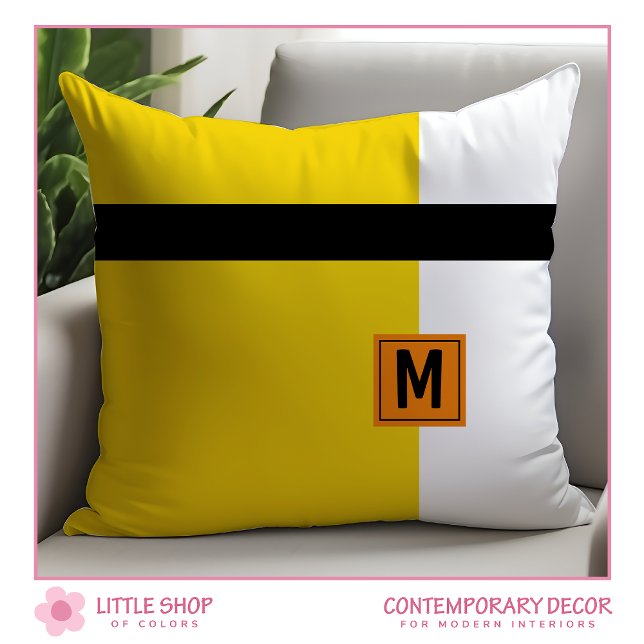 Coussin Moderne Monogramme Bloc de Couleur Noir Jaune (Créateur téléchargé)