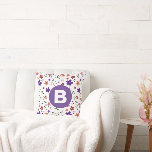 Coussin Moderne monogramme floral coloré violet (Canapé)