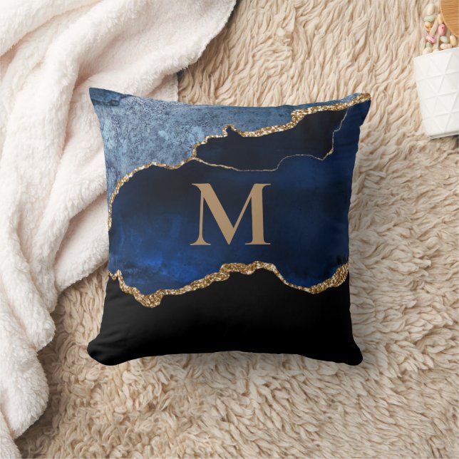 Coussin Moderne Monogramme Pailleté Marbre Or Bleu Marine (Couverture)