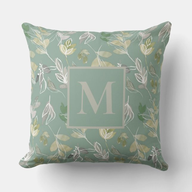 Coussin Moderne Monogramme Vert Sauge Feuilles Argentées F (Recto)