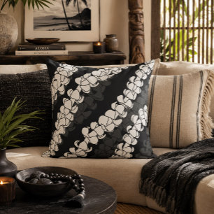 Coussin Moderne motif de lei Puakenikeni hawaïen noir