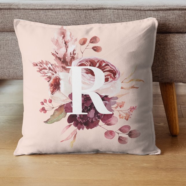 Coussin Moderne Pastel Rose & Flore Rouge Avec Initiale (Créateur téléchargé)