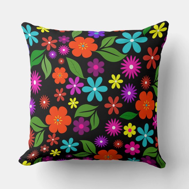 Coussin moderne rétro floral vibrant noir du milieu du siè (Recto)