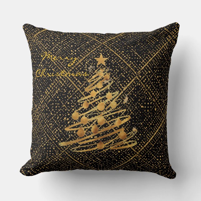 Coussin Moderne, Sapin de Noël, Motif de Croix Noir Or (Recto)