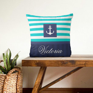Coussin Moderne Turquoise Marine Design Ancre Personnalisé