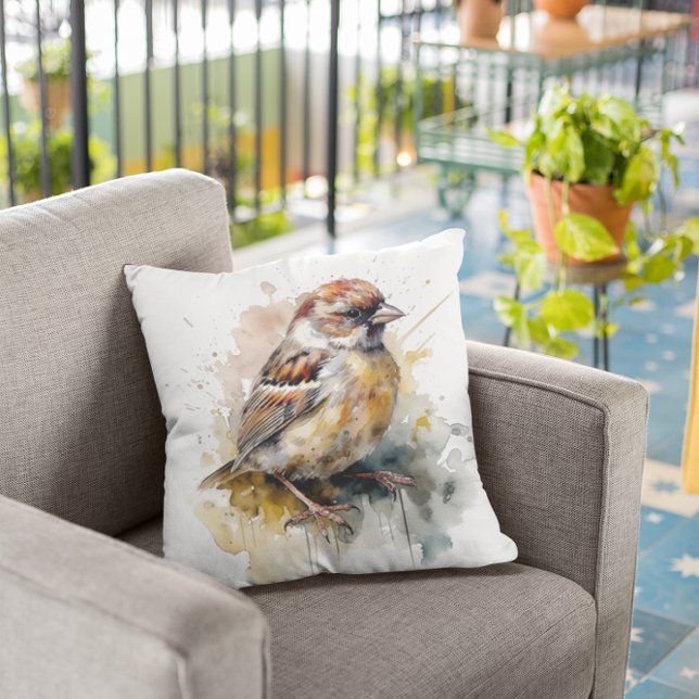 Coussin Moineau Aquarelle Rustique (Créateur téléchargé)