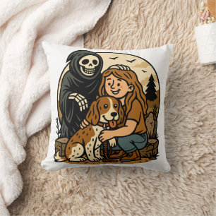 Coussin Moissonneur sinistre avec une fille et un chien sq