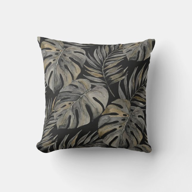 Coussin Moku Island Aquarelle Hawaïenne Monstera - Noir (Recto)