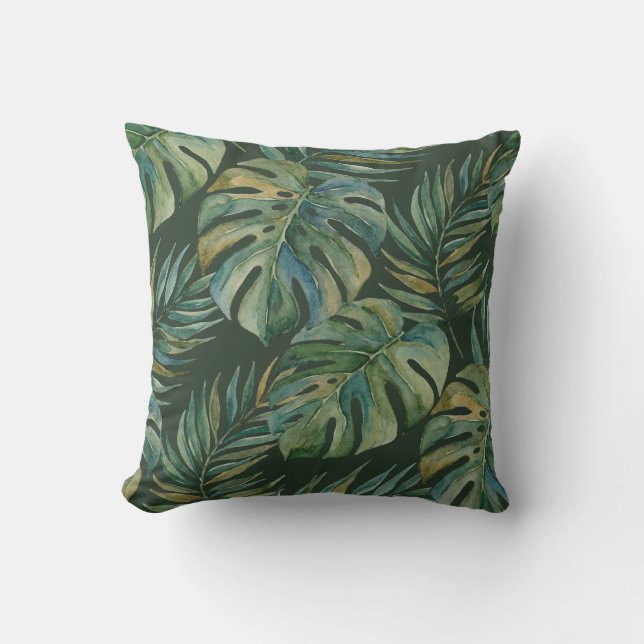 Coussin Moku Island Aquarelle Hawaïenne Monstera - Vert (Recto)