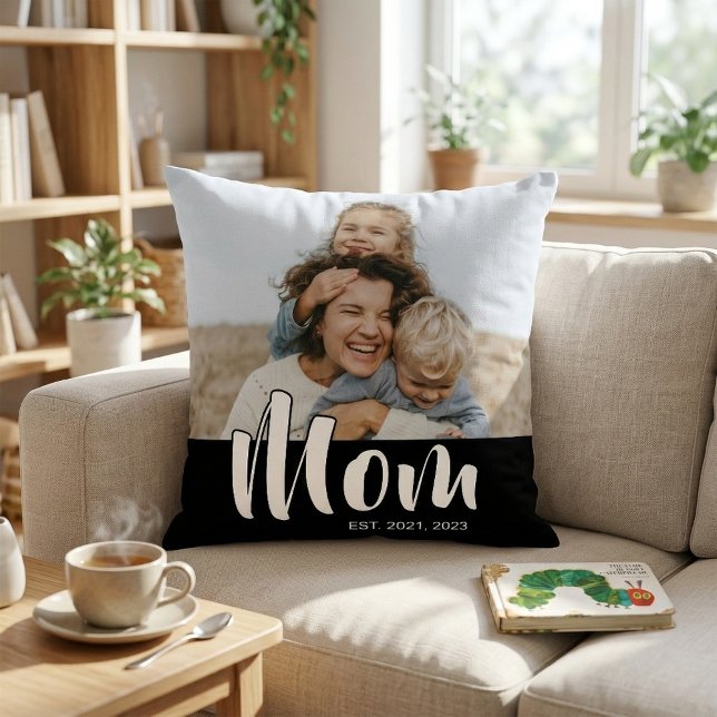 Coussin Mom Established Modern Script Photo (Mom Established Modern Script Photo Throw Pillow)