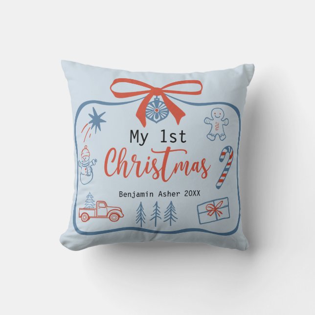 Coussin Mon 1er bébé de Noël Garçon Personnalisé (Recto)