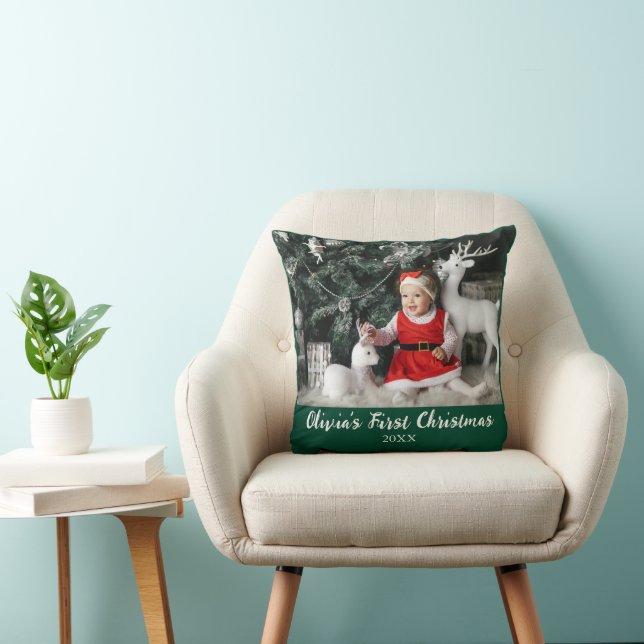 Coussin Mon premier Noël Baby Custom Photo Script Simple (Chaise)