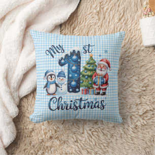 Coussin Mon Premier Noël bébé bleu gingham personnalisé