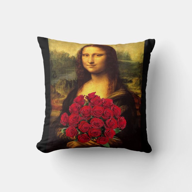 Coussin Mona Lisa Avec Bouquet De Roses Rouges (Recto)