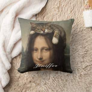 Coussin Mona Lisa avec chat endormi