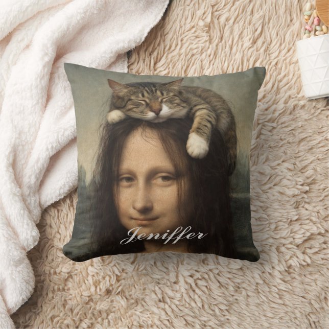 Coussin Mona Lisa avec chat endormi (Couverture)