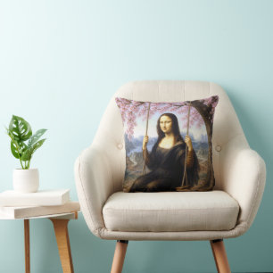 Coussin Mona Lisa sur une balançoire sous les fleurs de ce