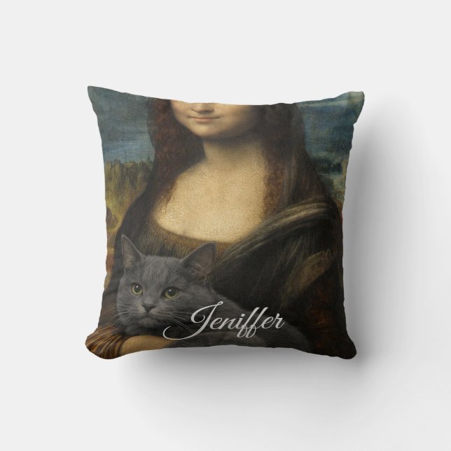 Coussin Mona Lisa tenant un élégant chat gris              (Recto)