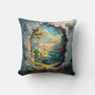 Coussin Monde de l'Imaginaire à travers un mur fissuré