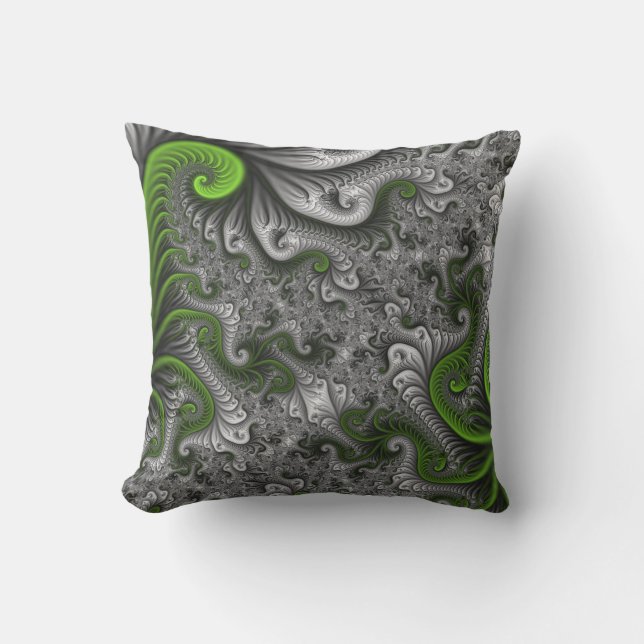 Coussin Monde Fantastique Art Fractal Abstrait Vert Et Gri (Recto)