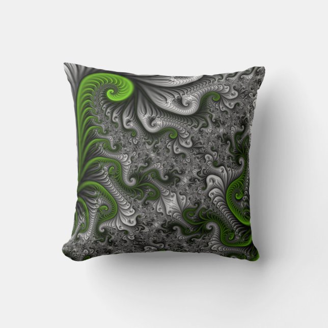 Coussin Monde Fantastique Art Fractal Abstrait Vert Et Gri (Recto)