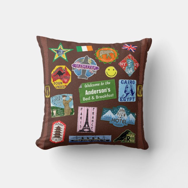 Coussin Monde Voyage Vintage Sticker valise Drapeau (Recto)