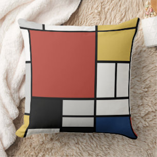 Coussin Mondrian Peinture Rouge Plane Jaune Noir Gris Bleu