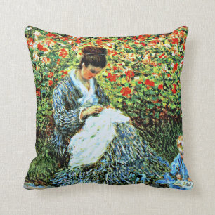 Coussin Monet : Camille Monet et enfant dans le jardin d'a