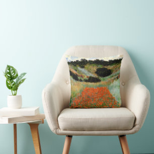 Coussin Monet - Champs de coquelicots dans un creux près d