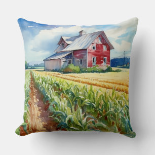 Coussin Moniteur aquarelle Grange et champ de maïs