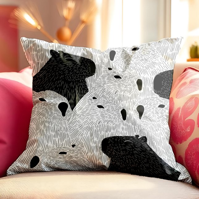 Coussin Monochrome Capybara Foule - Ligne Animale Minimali (This captivating capybara pattern brings modern charm with a dash of quirky personality. )