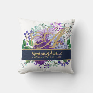 Coussin Monogram Blue Purple Floral Gold Newlyweds Wedding