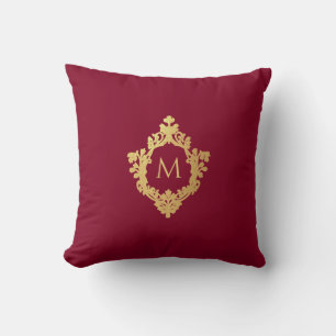 Coussin Monogram Bourgogne Faux Gold Crest Vintage Élégant