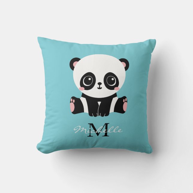 Coussin Monogram Cute Panda Personnalisé Bubble Gum Bleu (Recto)