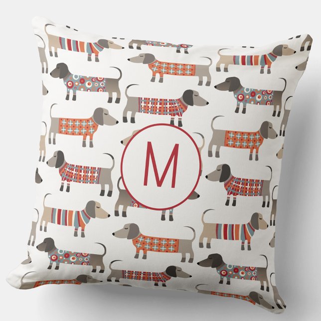 Coussin Monogram Dachshund Wiener Dog (Monogram initial personalized Dachshund Wiener Sausage Dog throw pillow)