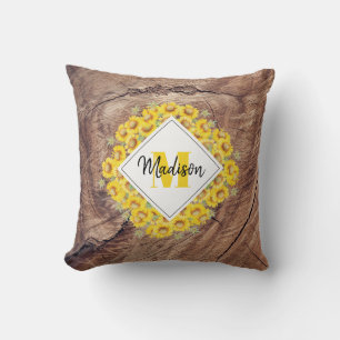 Coussin Monogram de Rustic Sunflowers & Wood Texture