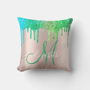 Coussin Monogram élégant vert pailleté gouttes or rose