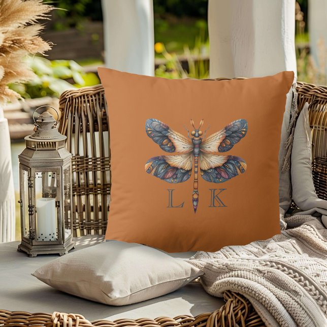 Coussin Monogram Folk Art Dragonfly Orange Purple Blue (Créateur téléchargé)