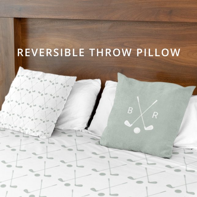 Coussin Monogram Golf Club Pattern Sage Reversible Modern (Reversible golf themed throw pillow, personalize with initials.)