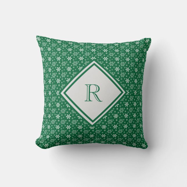 Coussin Monogram Green White Snowflakes Hiver Noël  (Recto)
