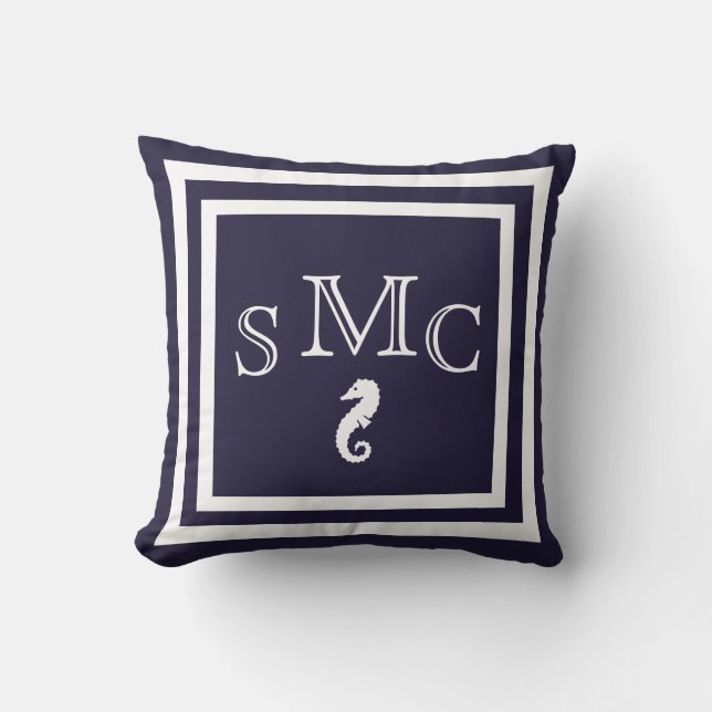 Coussin MONOGRAM hippocampe bleu foncé extérieur nautique (Recto)
