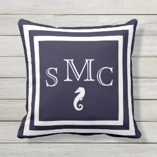 Coussin MONOGRAM hippocampe bleu foncé extérieur nautique