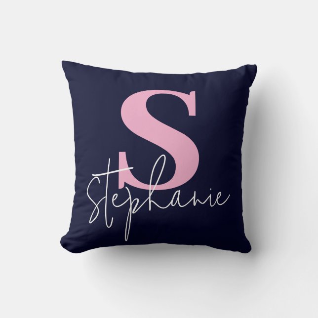 Coussin Monogram Lettered Script Navy Pink Throw Pillow (Recto)