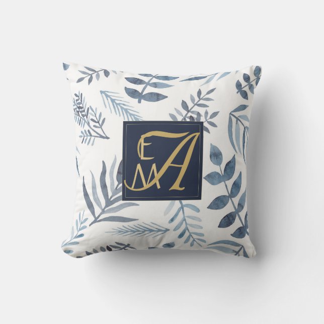 Coussin Monogram Marine Blue Gold Botanique Feuilles Ferns (Recto)