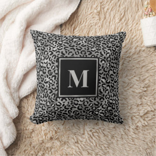 Coussin Monogram Moderne Noir Gris Argent Imprimé Léopard