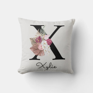 Coussin Monogram Pink Boho Girly Floral Initial X