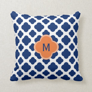 Coussin Monogram Royal Blue Quatrefoil Motif avec orange